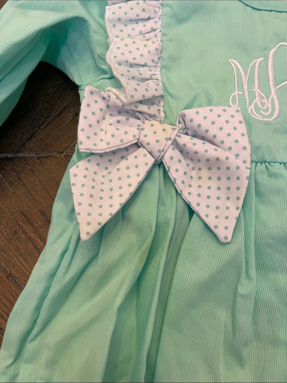 Sew Magnolia Mint Green Ruffle Top & Gingham Bloomer Monogrammed set MAJ - Picture 4 of 5